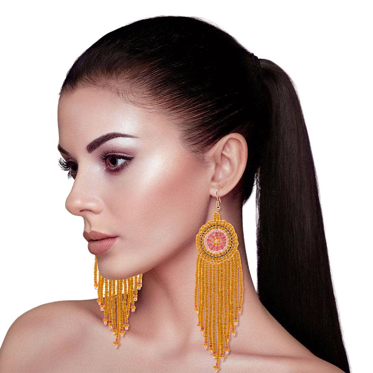 Seed Bead Fringe Earrings/Orange