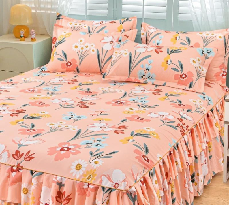 Floral Print Bed Skirt & Pillowcase