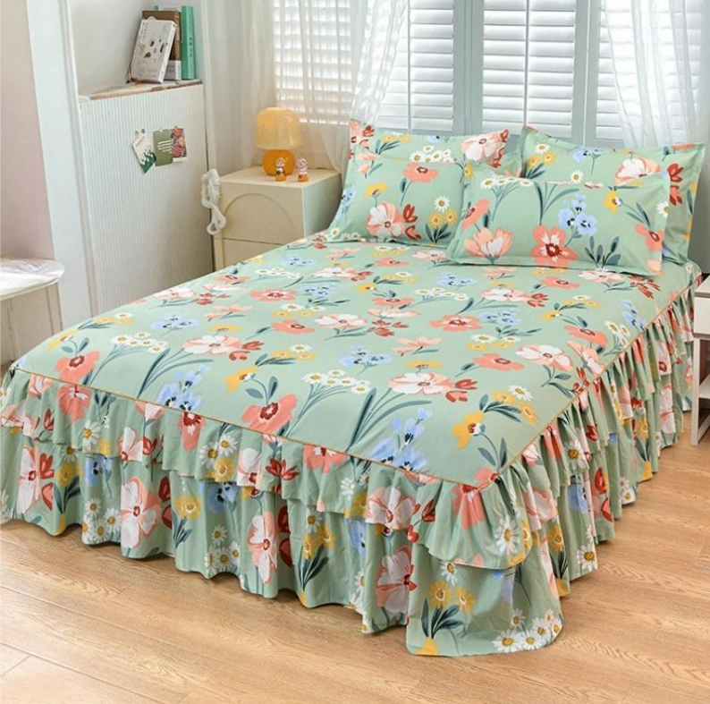 Floral Print Bed Skirt & Pillowcase