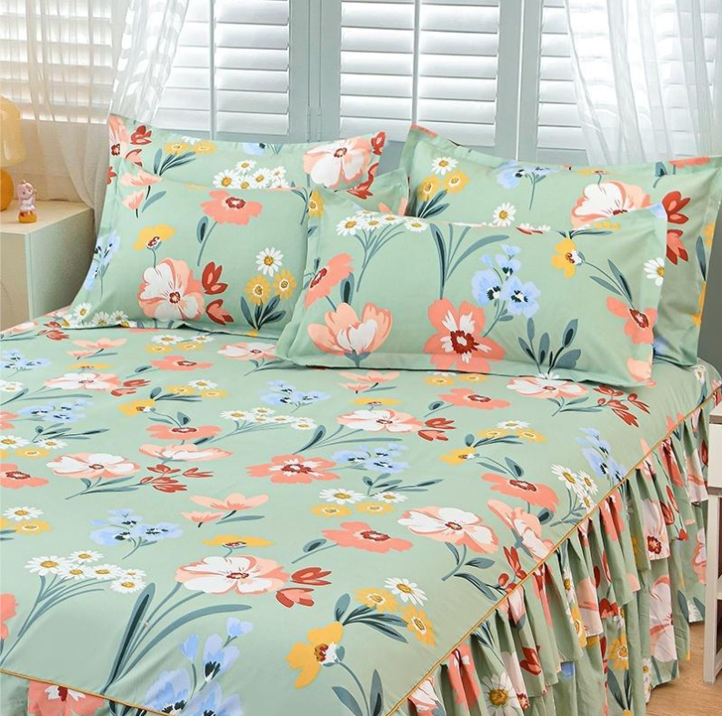 Floral Print Bed Skirt & Pillowcase