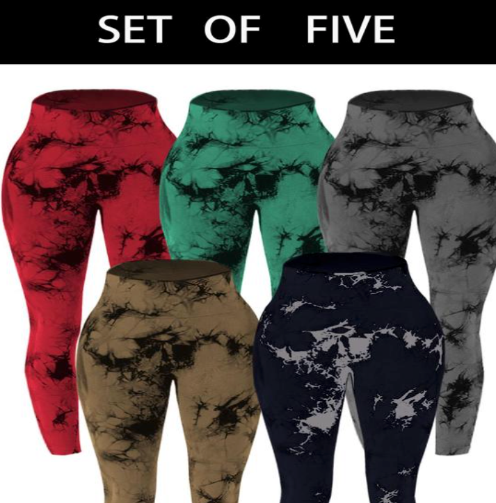 Women's Dye Print High Waist Sports Leggings 5pcs Set