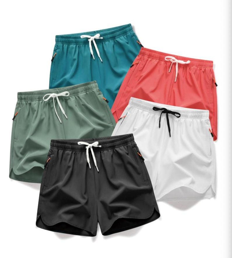 Men's Solid Drawstring Zipper Pocket Shorts 4pc Set