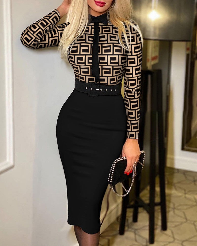 Long Sleeve Lapel Long Dress With Belt-Multicolor
