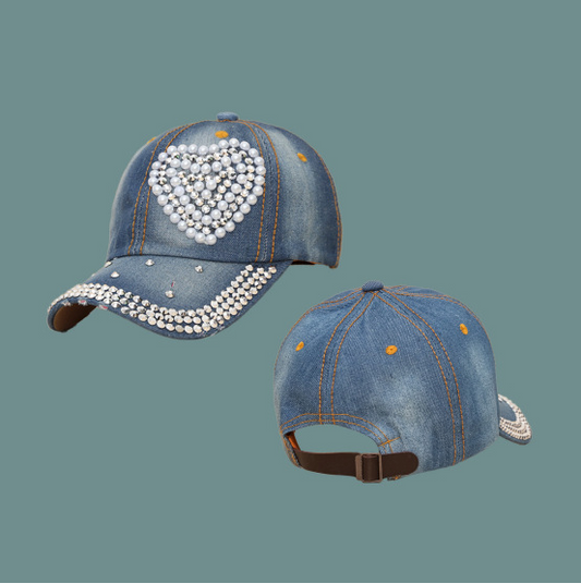 Pearl Heart Baseball Cap-Blue-Adjustable