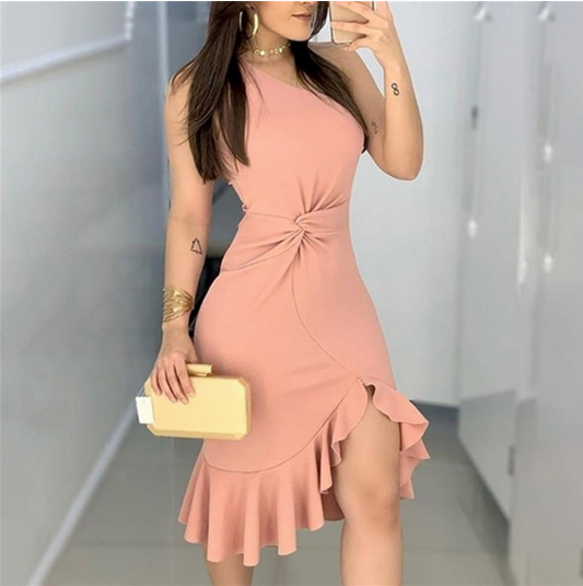 Single-shoulder Strap Waist Pink Dress